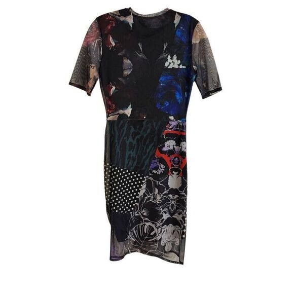 NEW Desigual Slim Midi Dress Black Mesh Overlay Floral Polka Dots Size XS - Picture 2 of 5